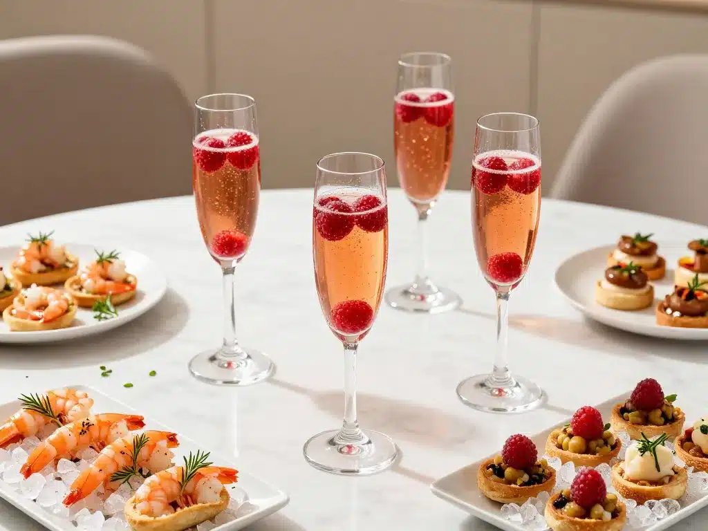 soupe de champagne aux framboises servie avec amuse-bouches