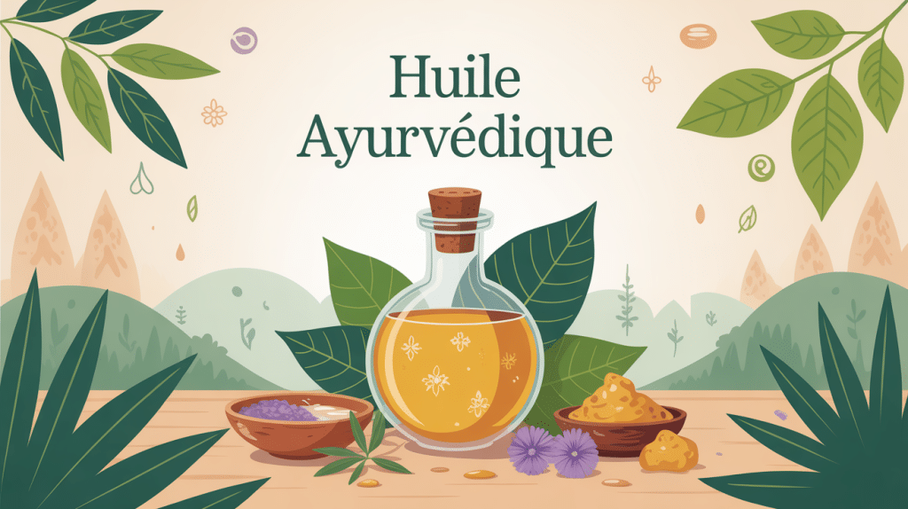 huile ayurvédique avis, flacon stylisé et plantes médicinales