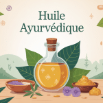 huile ayurvédique avis, flacon stylisé et plantes médicinales