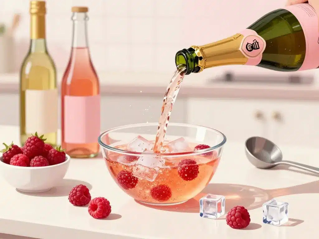 préparation soupe de champagne aux framboises avec ingrédients
