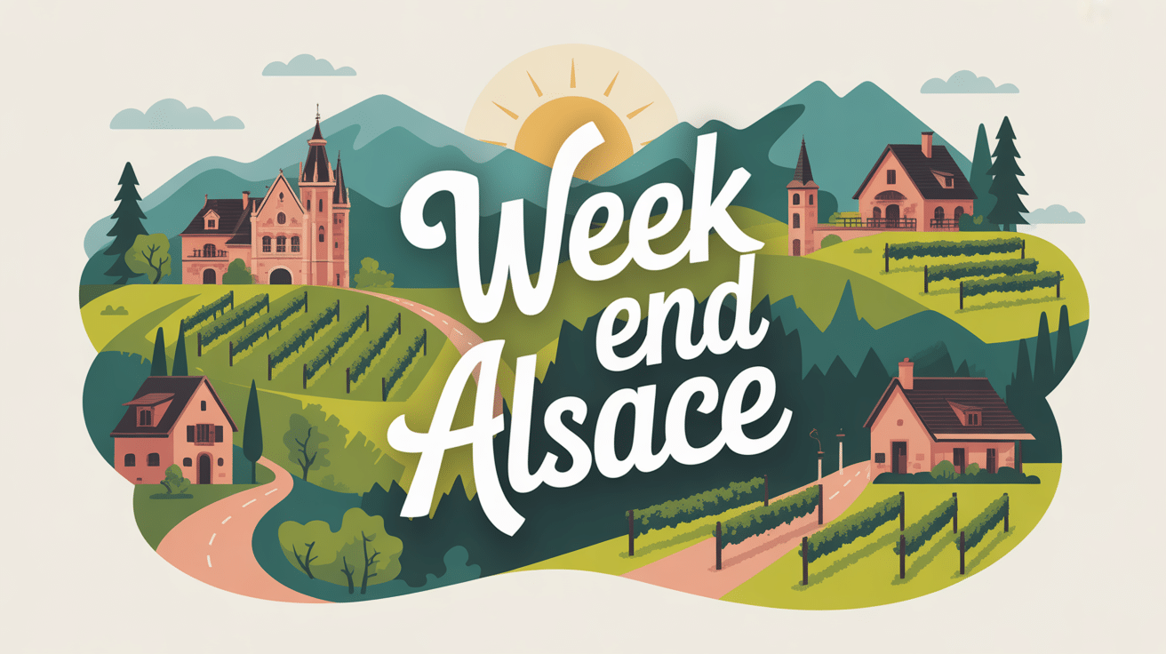 Illustration carte week end en Alsace avec villages et vignobles
