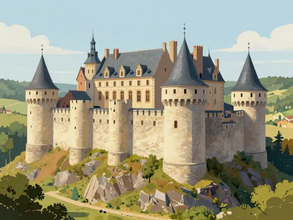 détails architecturaux du chateau de bayon sur une colline