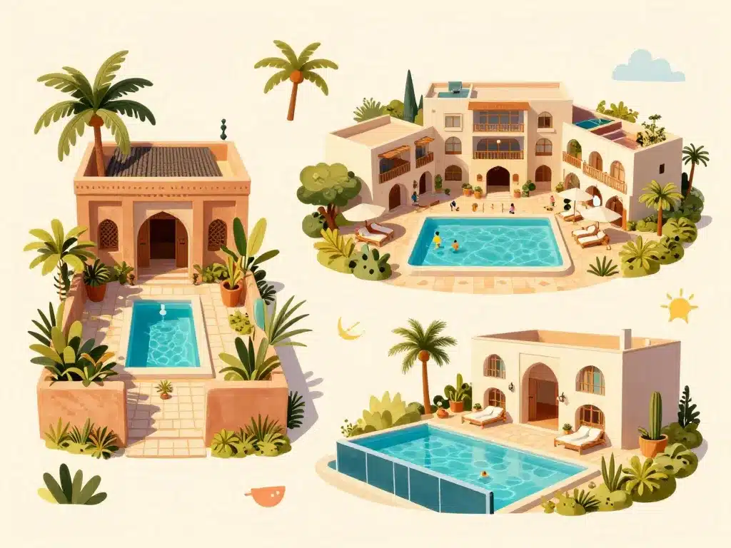illustration différents types hotel piscine marrakech