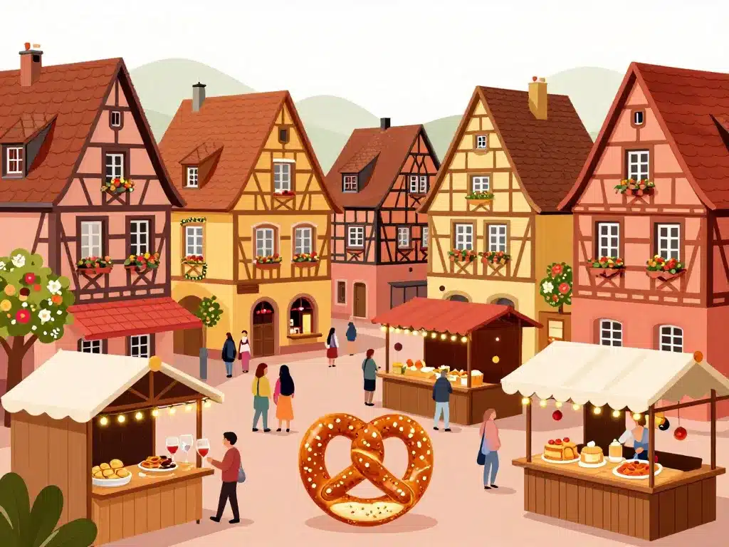 Illustration villages marchés spécialités week end en Alsace