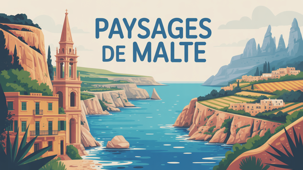 illustration malte paysage vue falaises criques collines villages