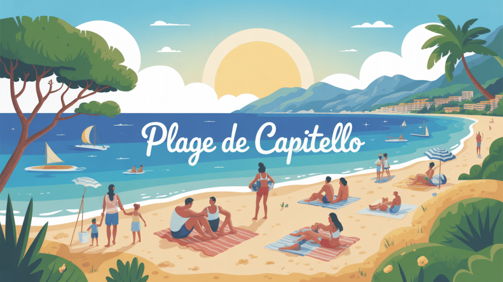 illustration plage de capitello sable doré mer bleue montagne