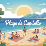 illustration plage de capitello sable doré mer bleue montagne