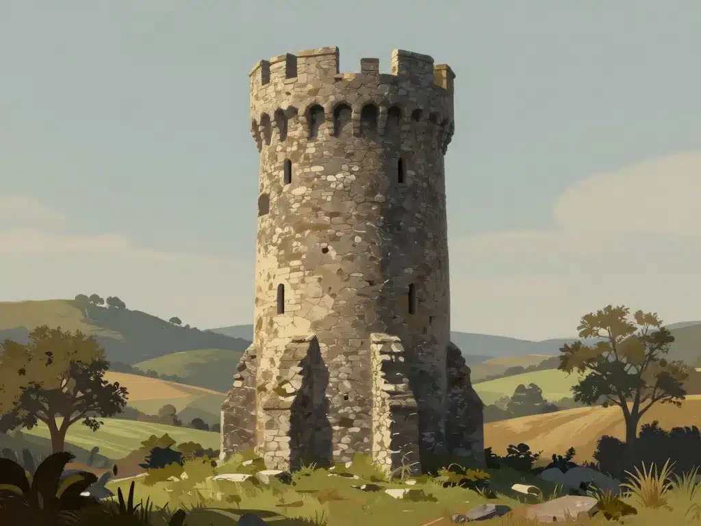 Tour de Frasso au milieu du paysage médiéval