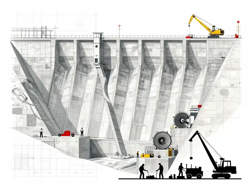 schema phases construction barrage de l aigle et centrales