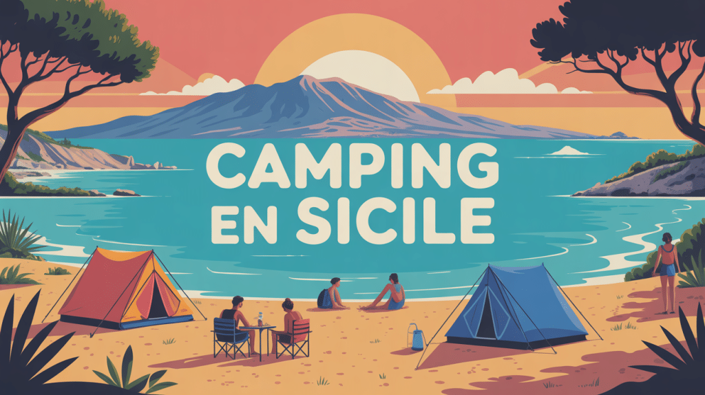 Illustration camping en Sicile avec plage, Etna, tentes et mer