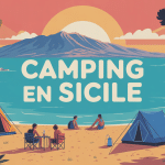 Illustration camping en Sicile avec plage, Etna, tentes et mer