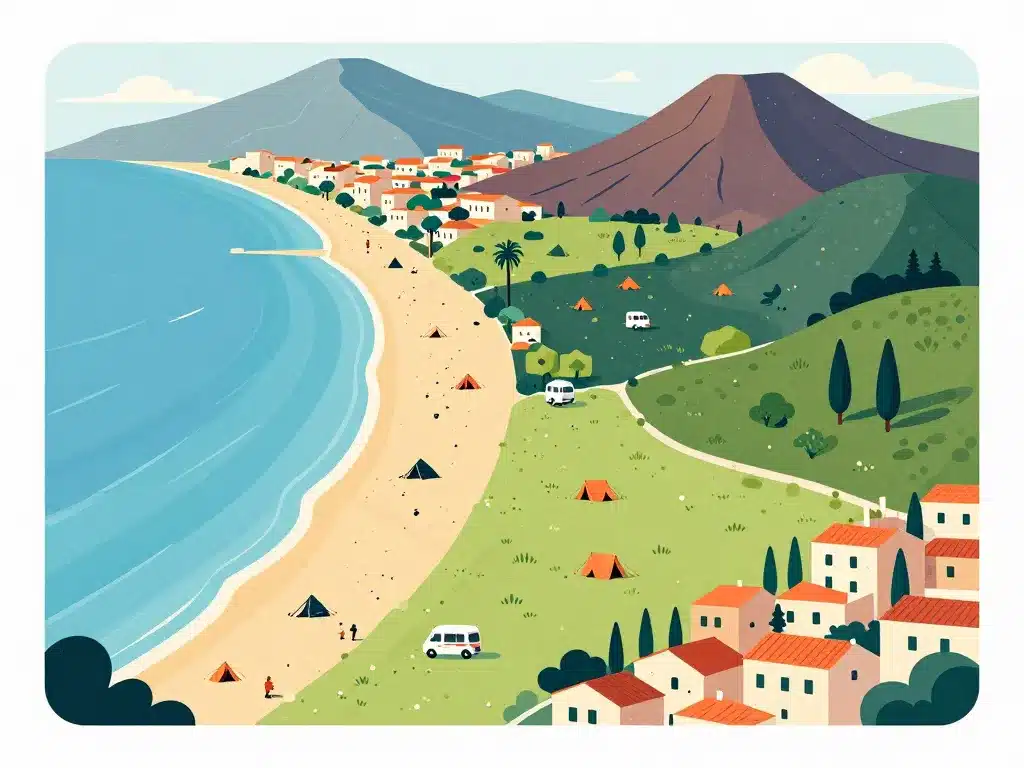 Carte visuelle camping en Sicile sur plages, montagnes et villages