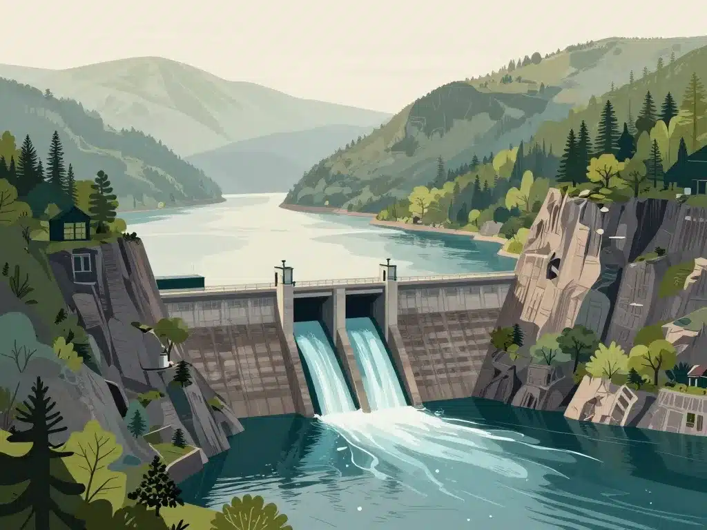 Barrage de Guerlédan stylisé au cœur du paysage breton