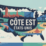 illustration vectorielle stylisée cote est usa avec gratte-ciel plages et monuments