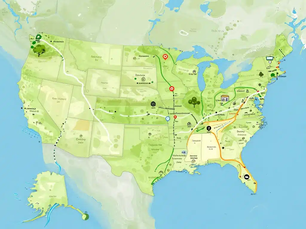diagramme abstrait itinéraire cote est usa avec villes plages parcs