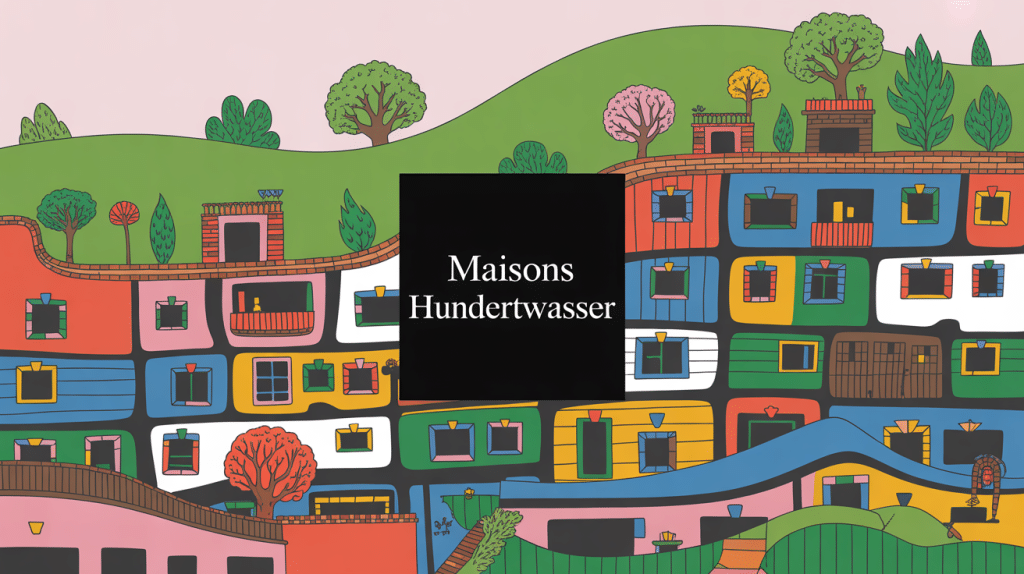 Image colorée représentant les hundertwasser maisons avec façades ondulantes et toits végétalisés