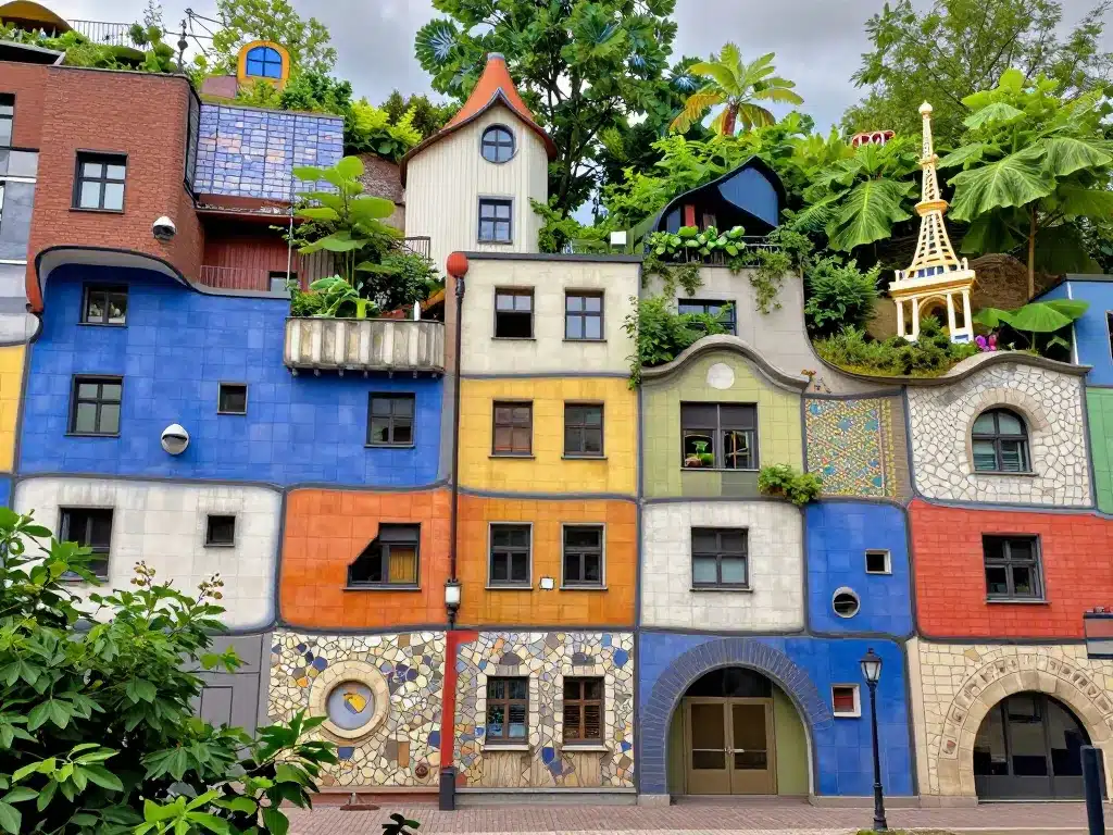 Visuels stylisés des principaux sites hundertwasser maisons à visiter en Europe