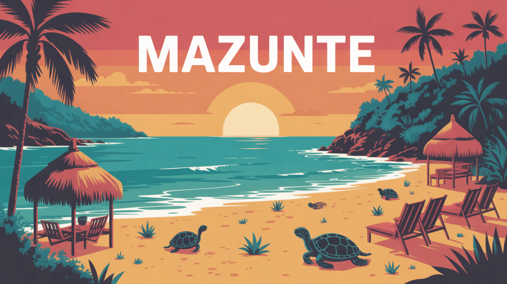 Vue stylisée de Mazunte plage, coucher de soleil, ambiance bohème