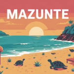 Vue stylisée de Mazunte plage, coucher de soleil, ambiance bohème