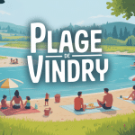 Vue paisible plage de Vindry, rivière et familles en été