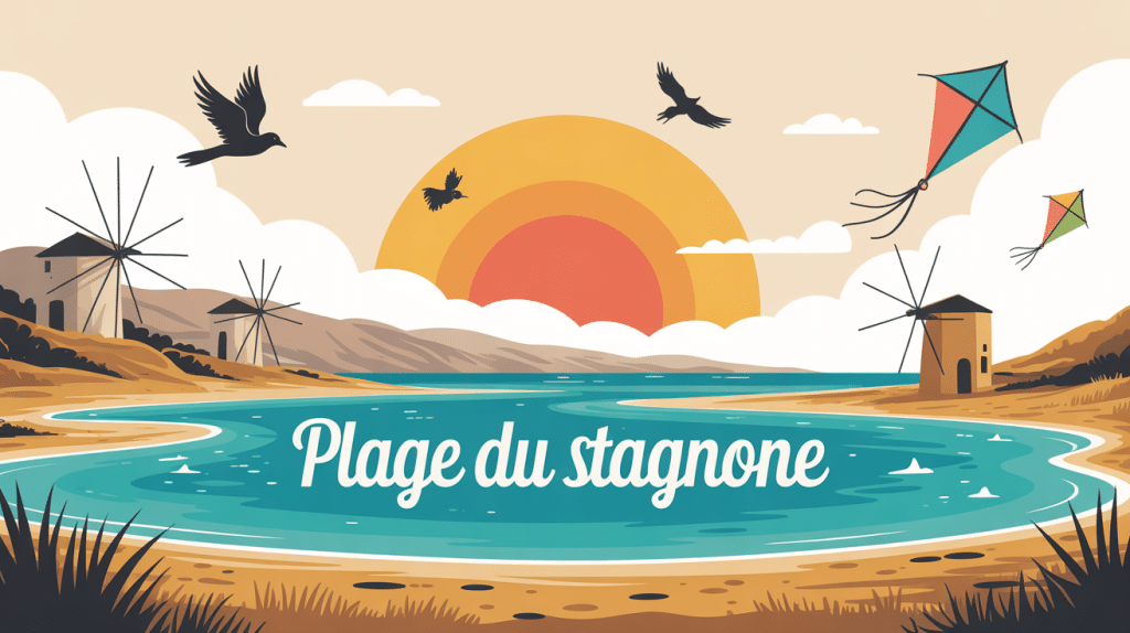 Vue du lagon plage du Stagnone avec moulins et kites