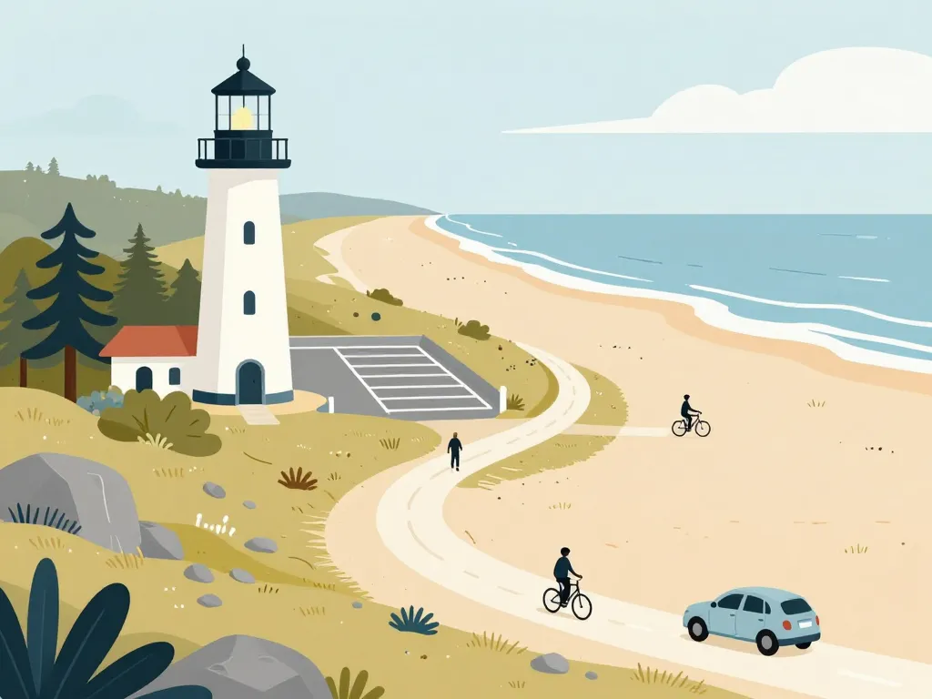 vue accès plage du Vieux Phare avec chemins, dunes et phare