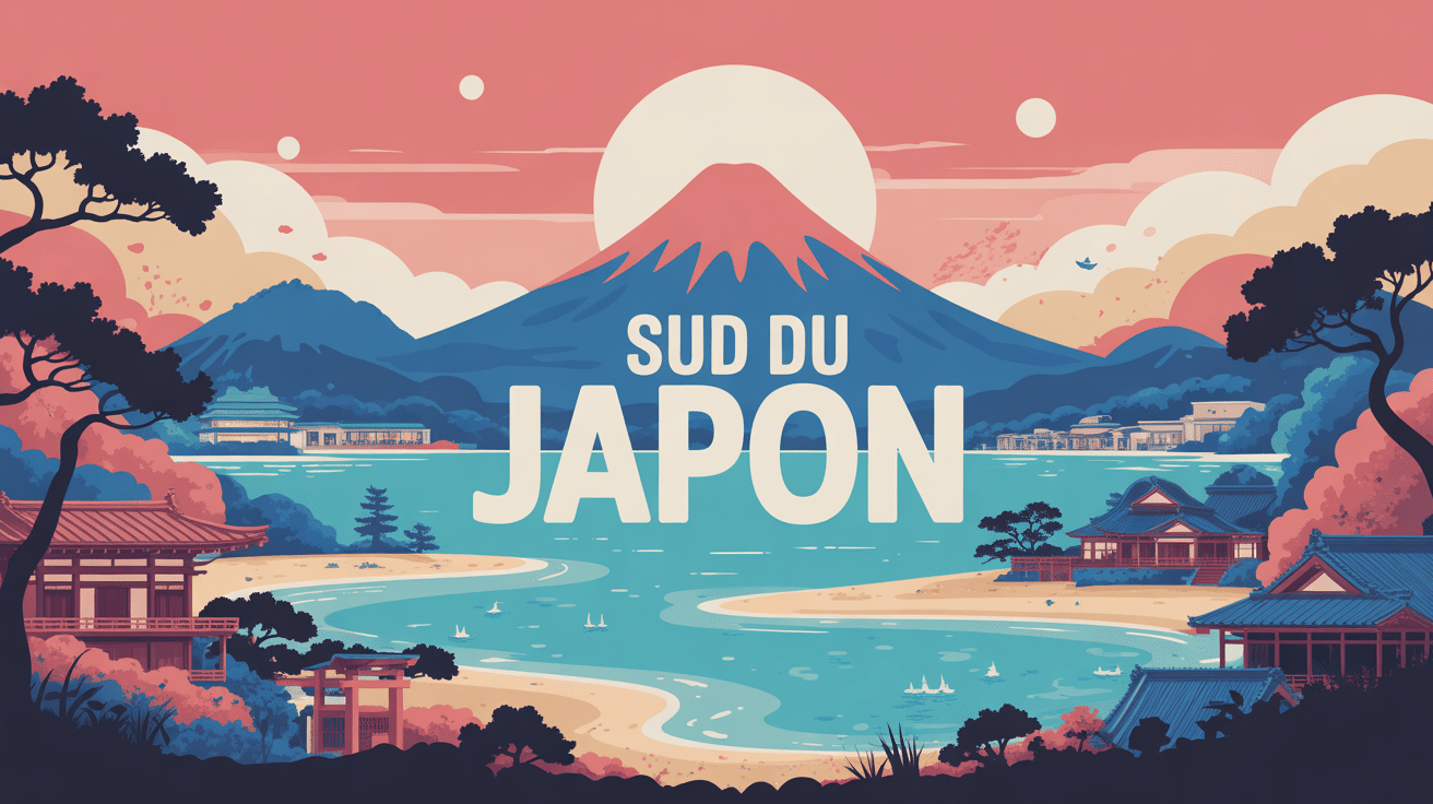 Illustration vectorielle sud japon paysages volcans plages temples
