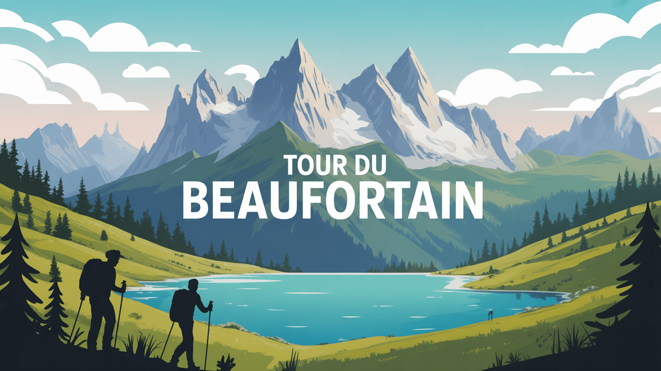 Illustration panoramique du tour du Beaufortin avec randonneurs et sommets alpins