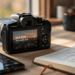 Canon EOS R100 avis image avec smartphone et carnet
