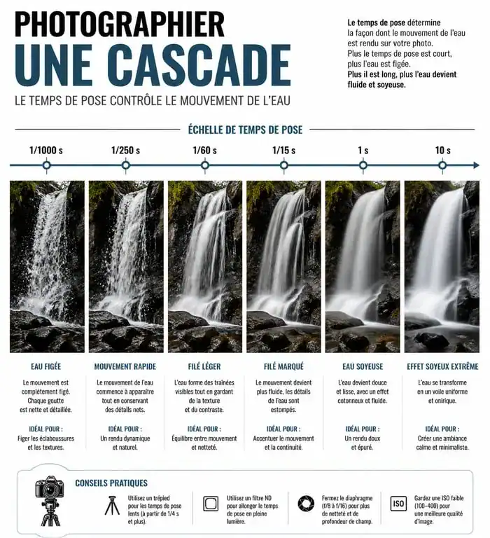 Infographie des réglages pour la photographie de cascade : vitesse d'obturation et effet sur l'eau