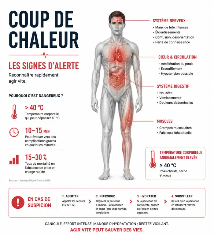 Infographie des signes d'alerte du coup de chaleur à surveiller pendant la canicule