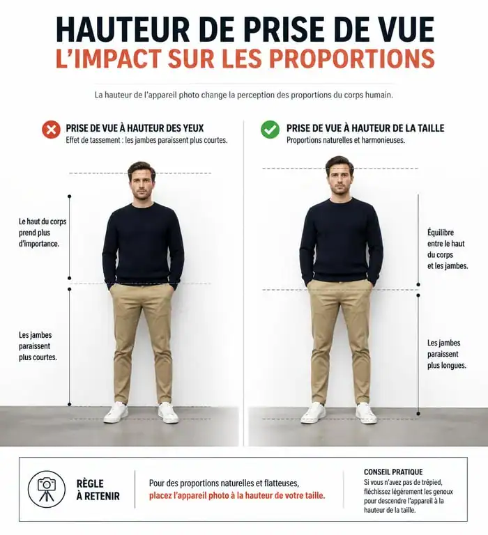 Comparaison technique de la hauteur de prise de vue pour une photo en pied réussie