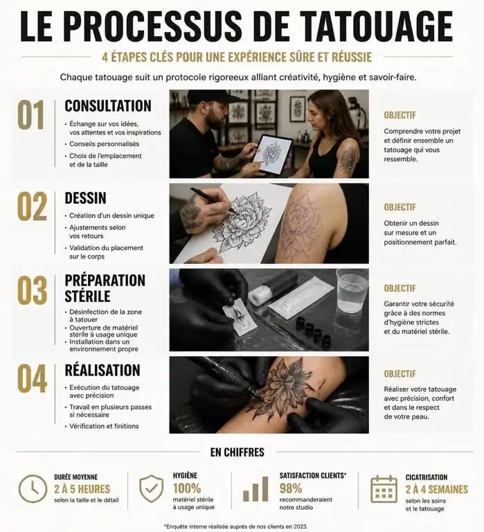 Étapes du processus de création d'un tatouage par un artiste tatoueur professionnel
