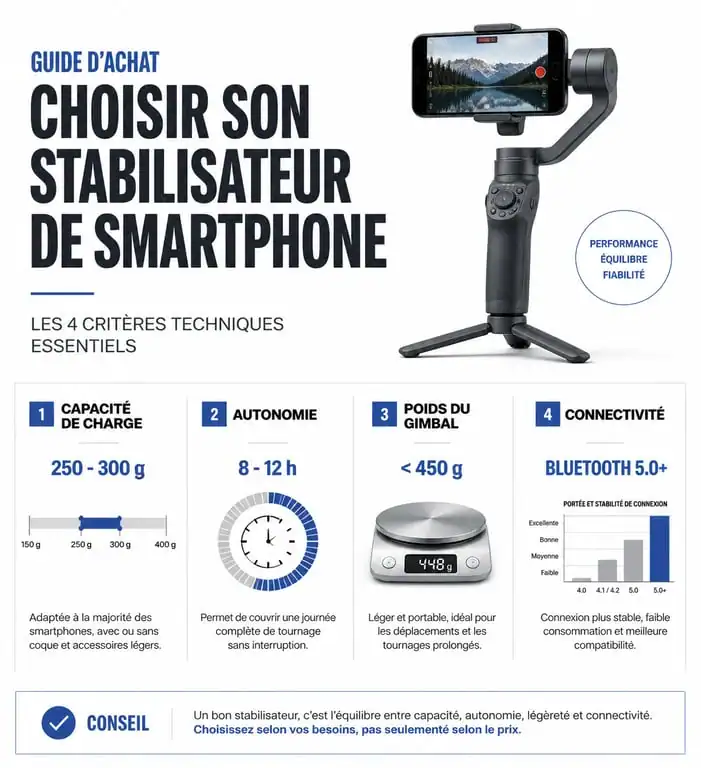 Infographie des critères techniques pour choisir le meilleur stabilisateur smartphone