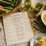 Menu famille semaine sur table avec légumes et gratin