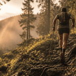 Running trail sur sentier escarpé en forêt