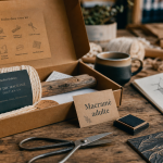 Activité manuelle adulte : kit DIY macramé sur établi, corde et ciseaux
