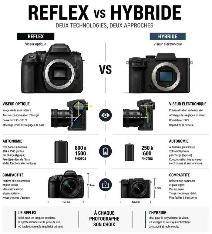 Comparatif technique entre appareil photo hybride ou reflex : différences de viseur, autonomie et autofocus