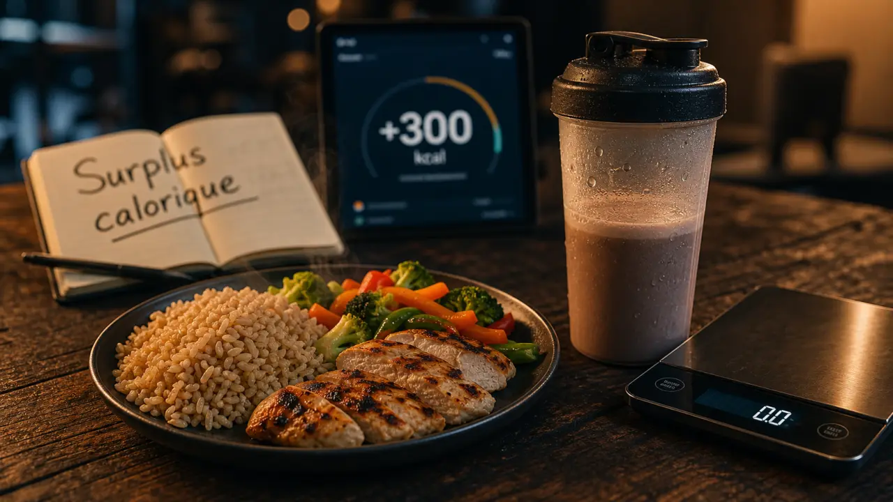 Alimentation prise de masse : surplus contrôlé, repas avec whey et balance