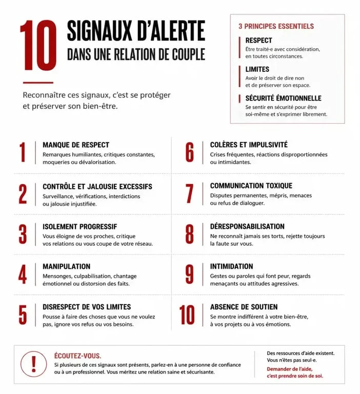 Infographie des 10 choses à ne jamais tolérer dans une relation pour identifier les comportements toxiques et protéger sa santé mentale.
