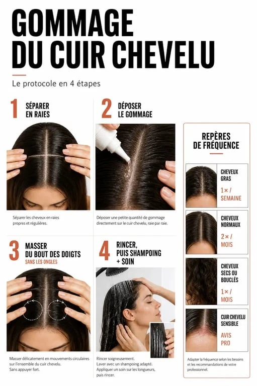 Gommage cheveux : schéma des étapes d’application sur le cuir chevelu et fréquence selon le type de cheveux