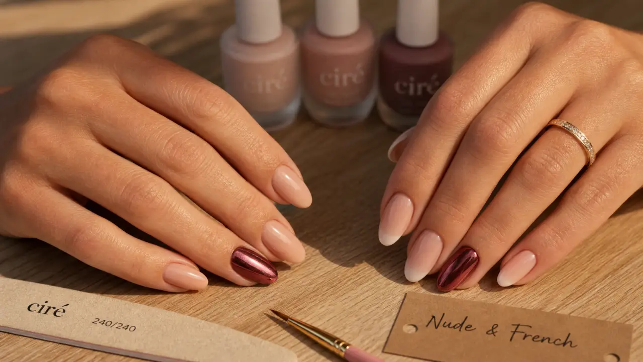 Idee ongle semi permanent nude French twist chrome, manucure semi-permanente