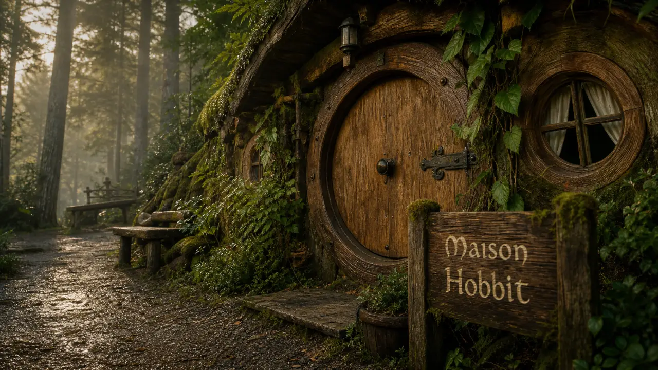 Maison hobbit en France : porte ronde et entrée en bois, forêt brumeuse