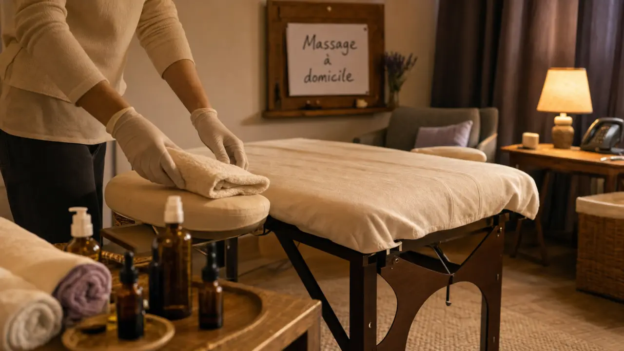 Massage a domicile : table de massage dans un salon calme