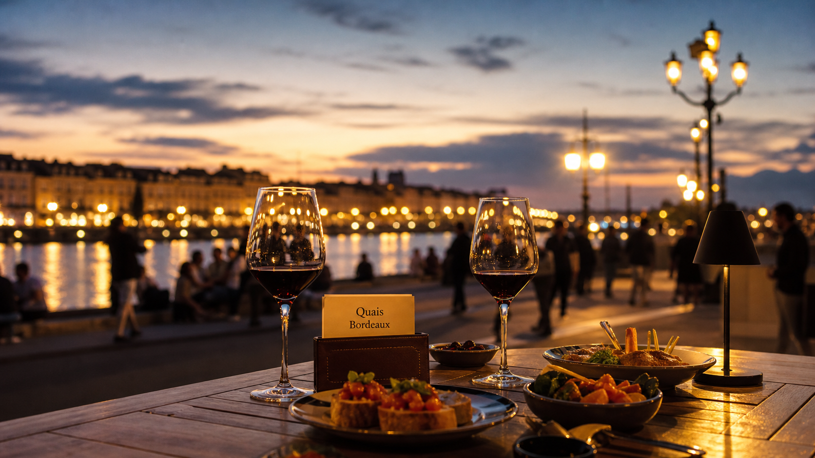 Restaurant sur les quais à Bordeaux, vue sur la Garonne depuis un quai