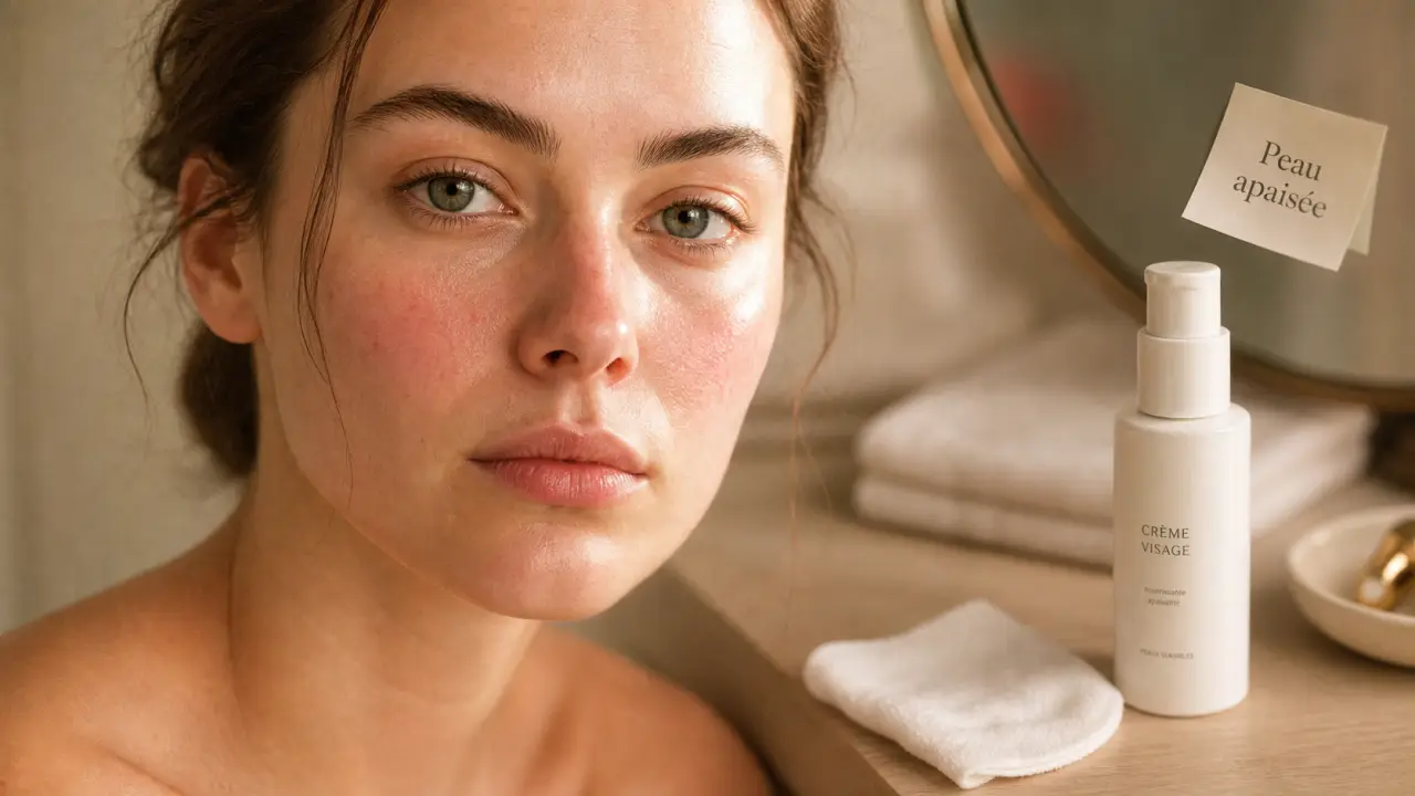 Rougeur visage, crème apaisante et lingette sur peau