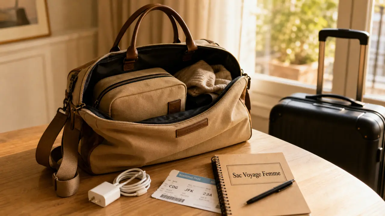 Sac voyage femme : sac week-end, cabine et roulettes sur table près de la fenêtre
