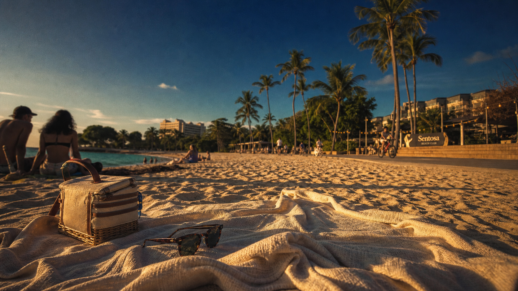 Singapore beach à Sentosa, serviette et sable, golden hour