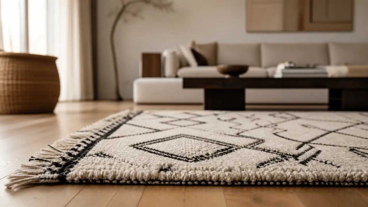 Tapis berbere blanc et noir avec motifs losanges, franges et laine épaisse