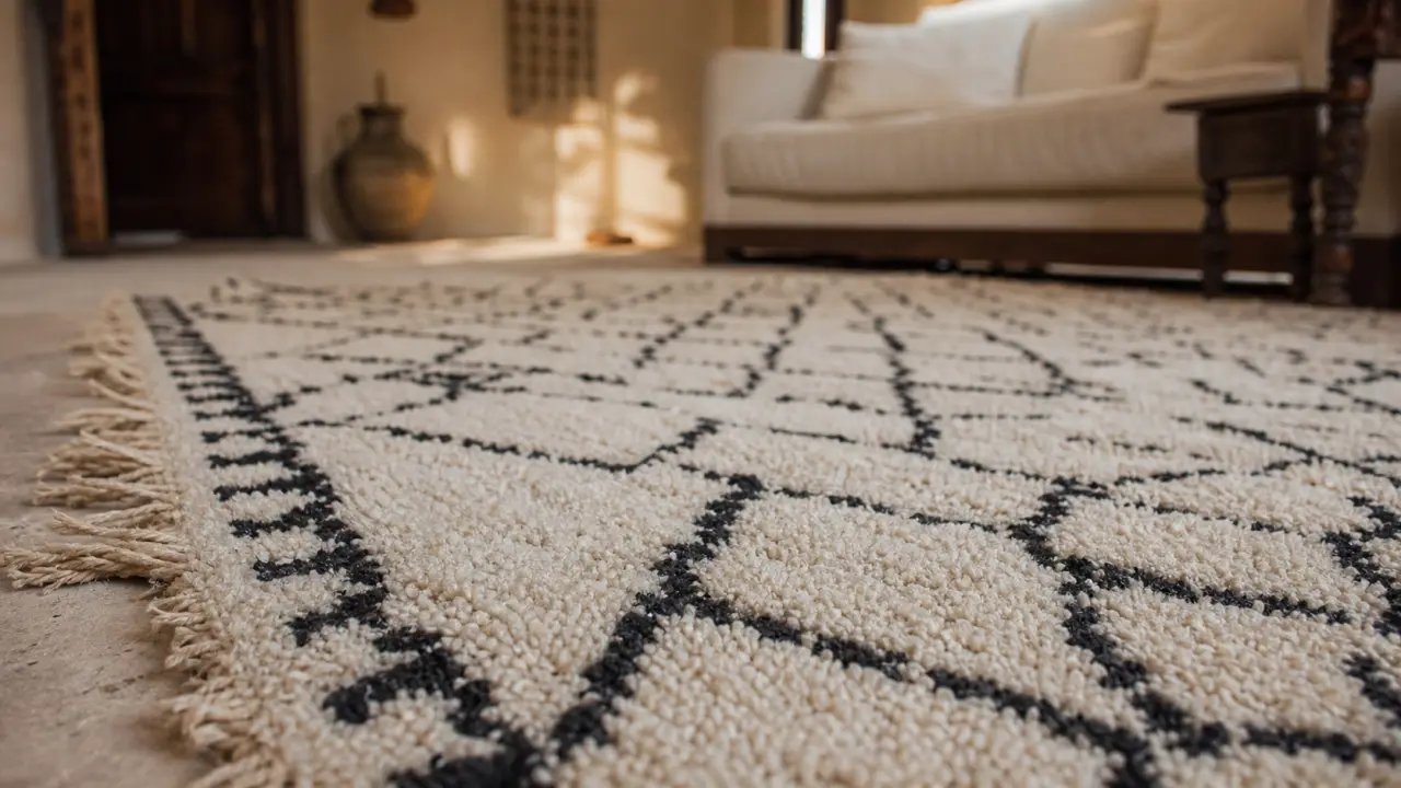 Tapis berbere blanc et noir dans un salon lumineux